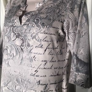 Silky neutral tunic with French writing abstract sz S/M